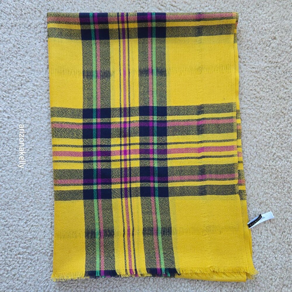 Talbots Lightweight Wool Scarf Yellow & Purple Plaid - Picture 9 of 10
